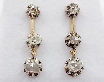 French antique stud earrings 18k gold set with falling rose cut diamonds in prong setting (circa 1900) victorian