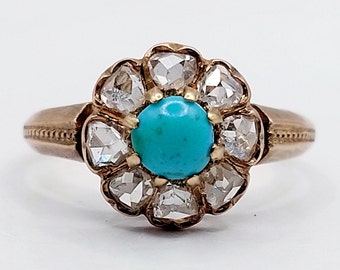 Bague marguerite victorienne or 18k ornée d'un cabochon de turquoise entouré de 8 diamants taillés en roses (circa 1900) antique