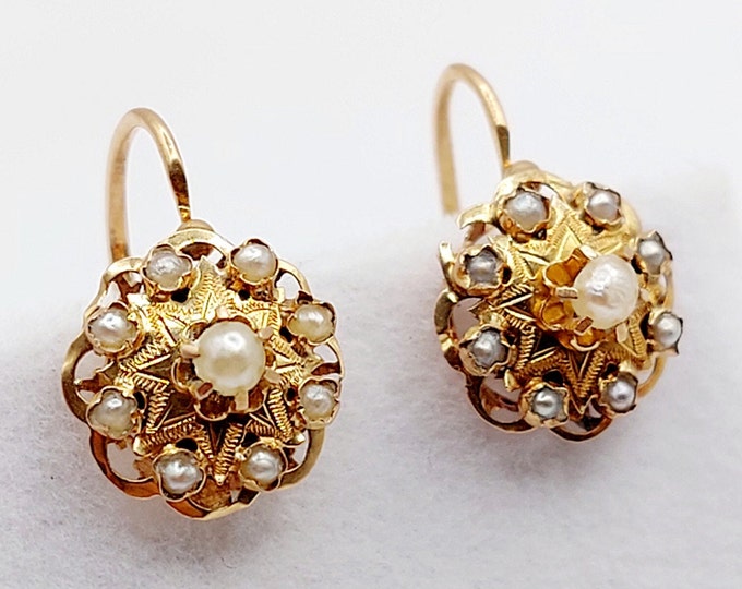 Boucles D'oreilles Pendantes Perles Et Or 18 Carats Vintage Français - Style Victorian Dormeuses
