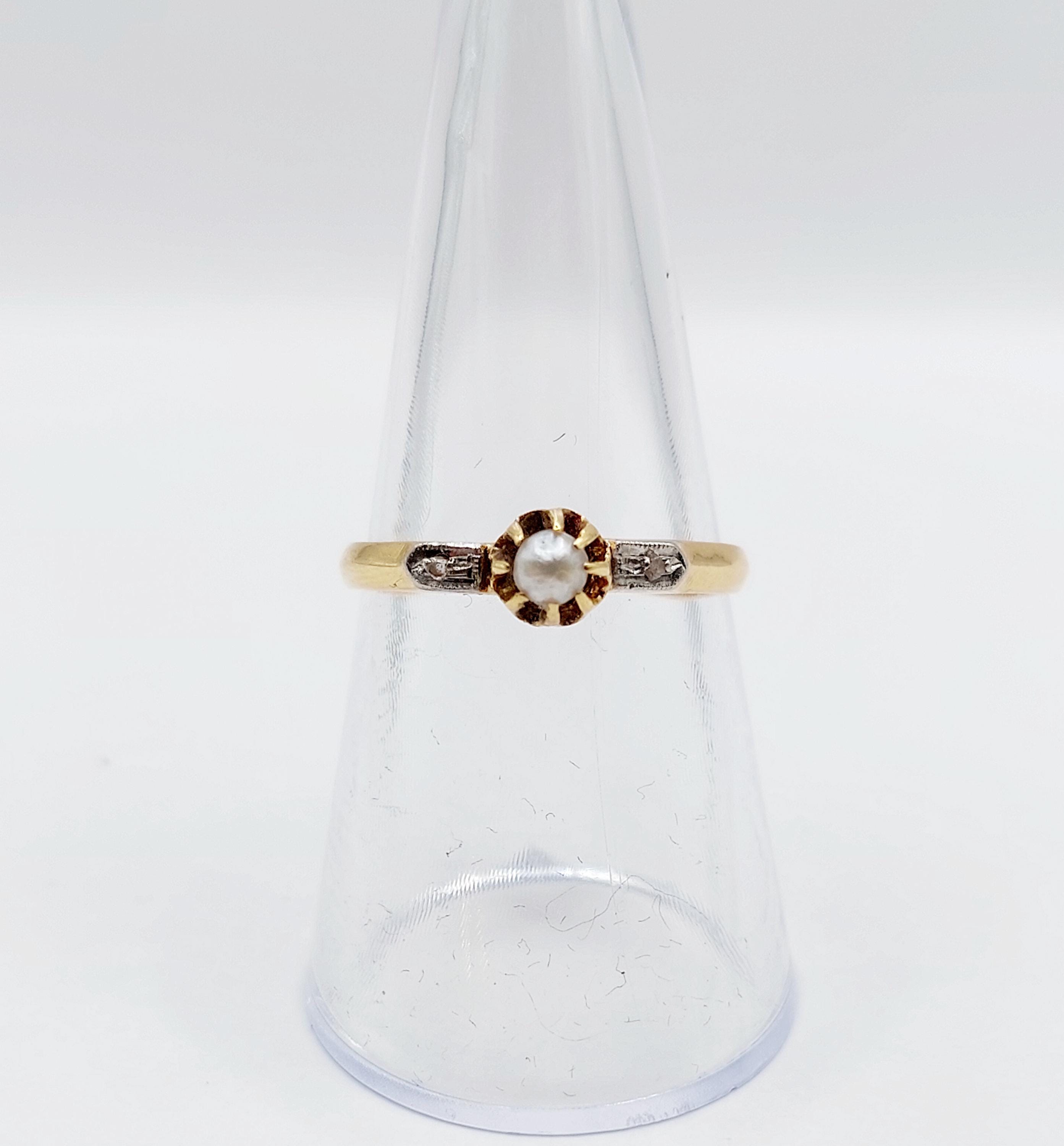 Bague Art Déco En Or Blanc 18k Avec Perle Et Diamants Taillés En Roses - Taille 54, Occasion