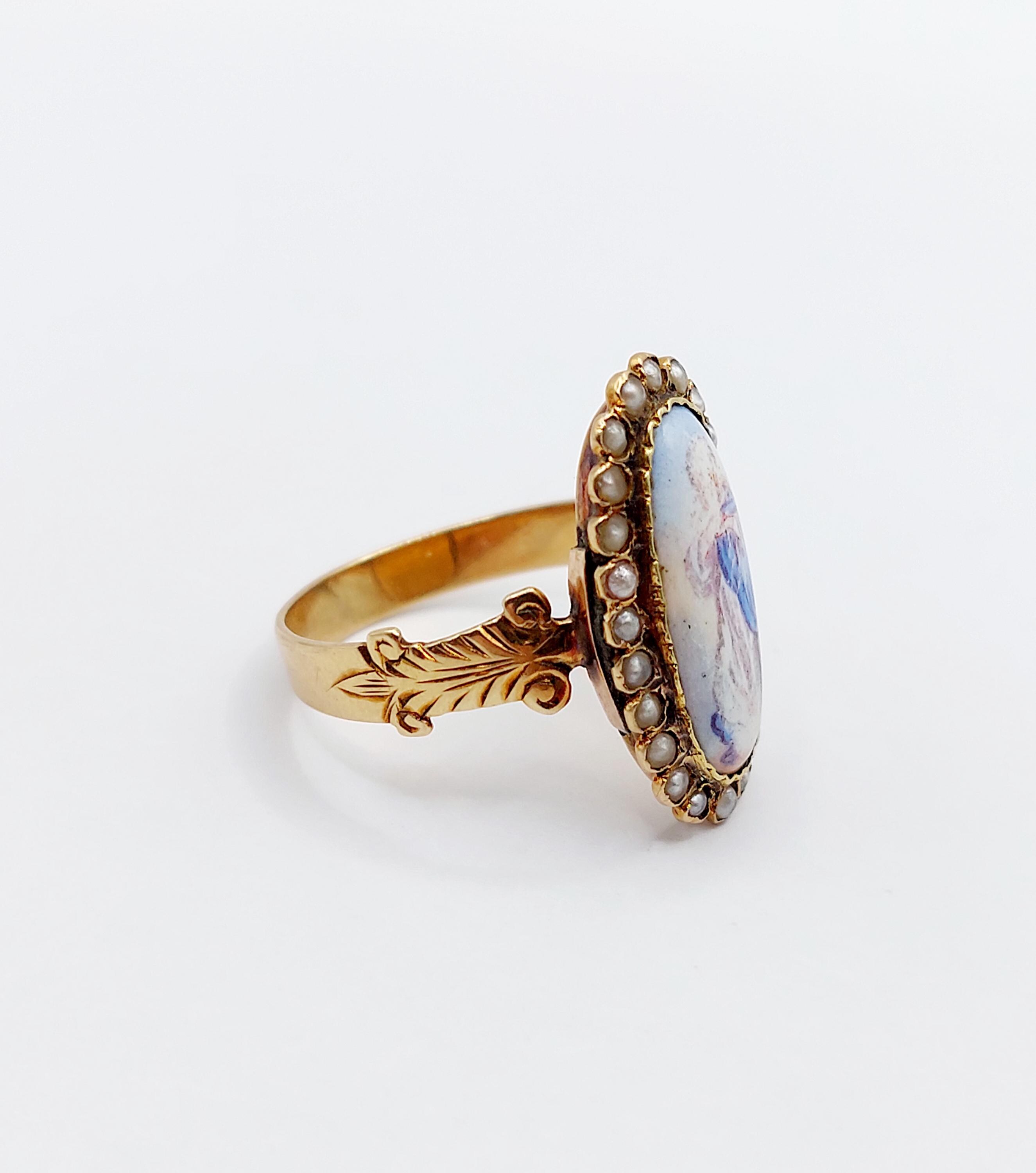 Bague Victorienne Or 18k Avec émail Et Perle - Années 1900 - Taille 55