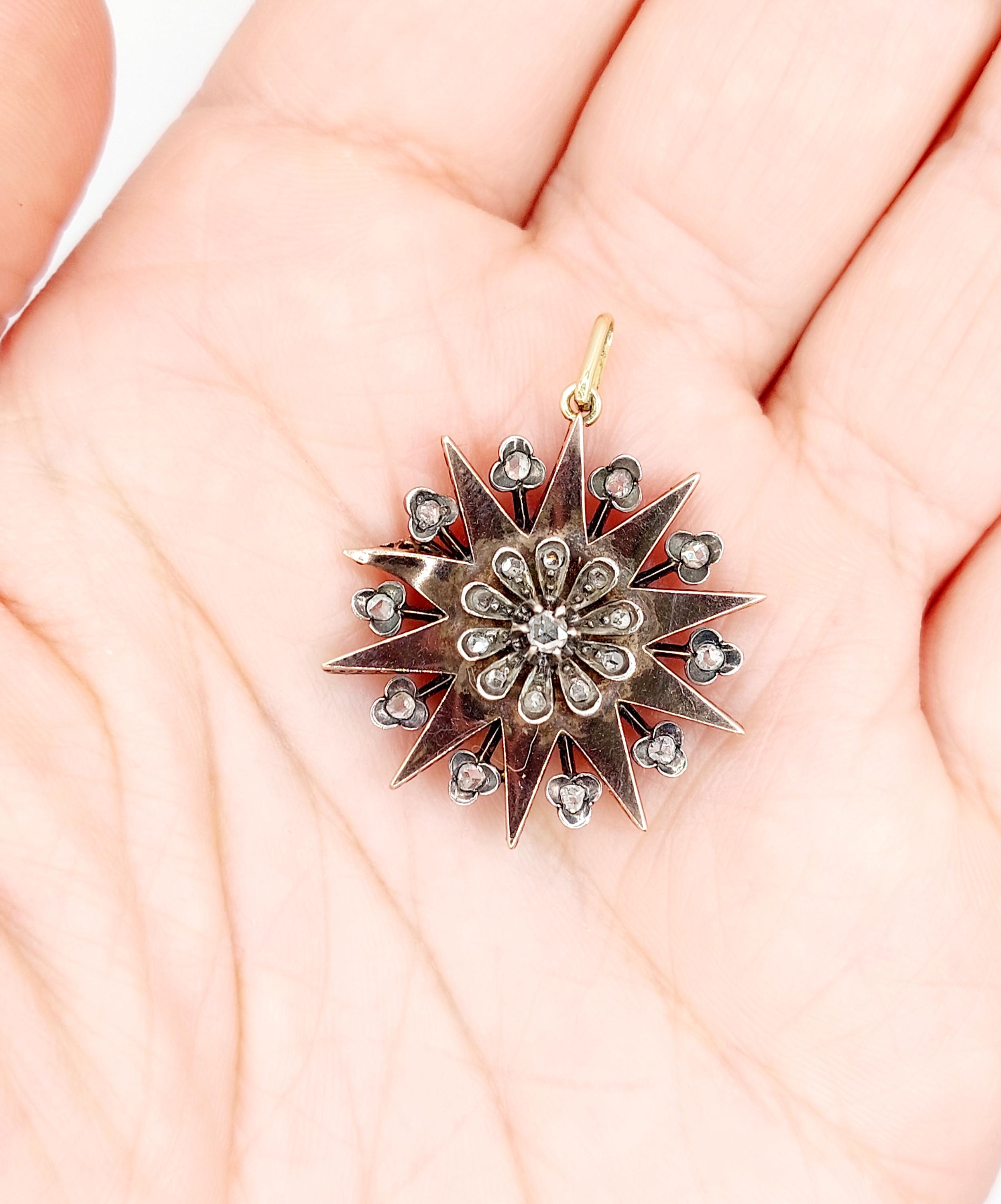 Pendentif Antique Or Rose 18k Avec Diamant - étoile Ornée, Circa 1900, Bijou Ancien