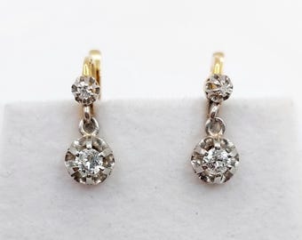Boucles D'oreilles Anciennes En Or 18k - Pendentif Perle Sertie Griffes Circa 1900 - Vintage