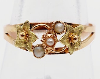 French antique ring 18k rose gold set with pearls in flower and star shaped settings (circa 1900) art nouveau