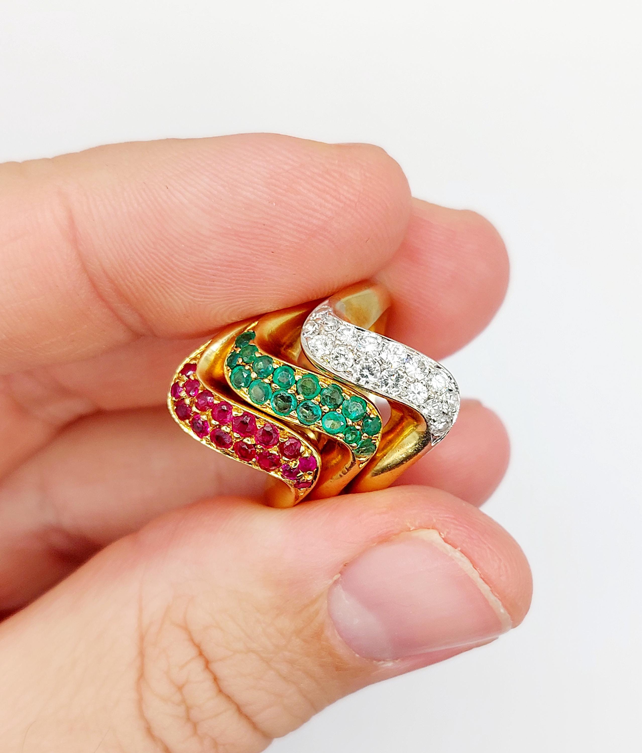 Bague Jonc Trilogie Vintage Or 18k - Pavé Diamants, émeraudes Et Rubis - Style Dôme - Taille 49 - Sans Marque - Occasion Authentique