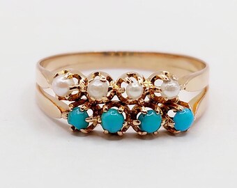 Bague Antique Or Rose 18k Rubis Et Perle Style Toi Et Moi - Circa 1900, Taille 52