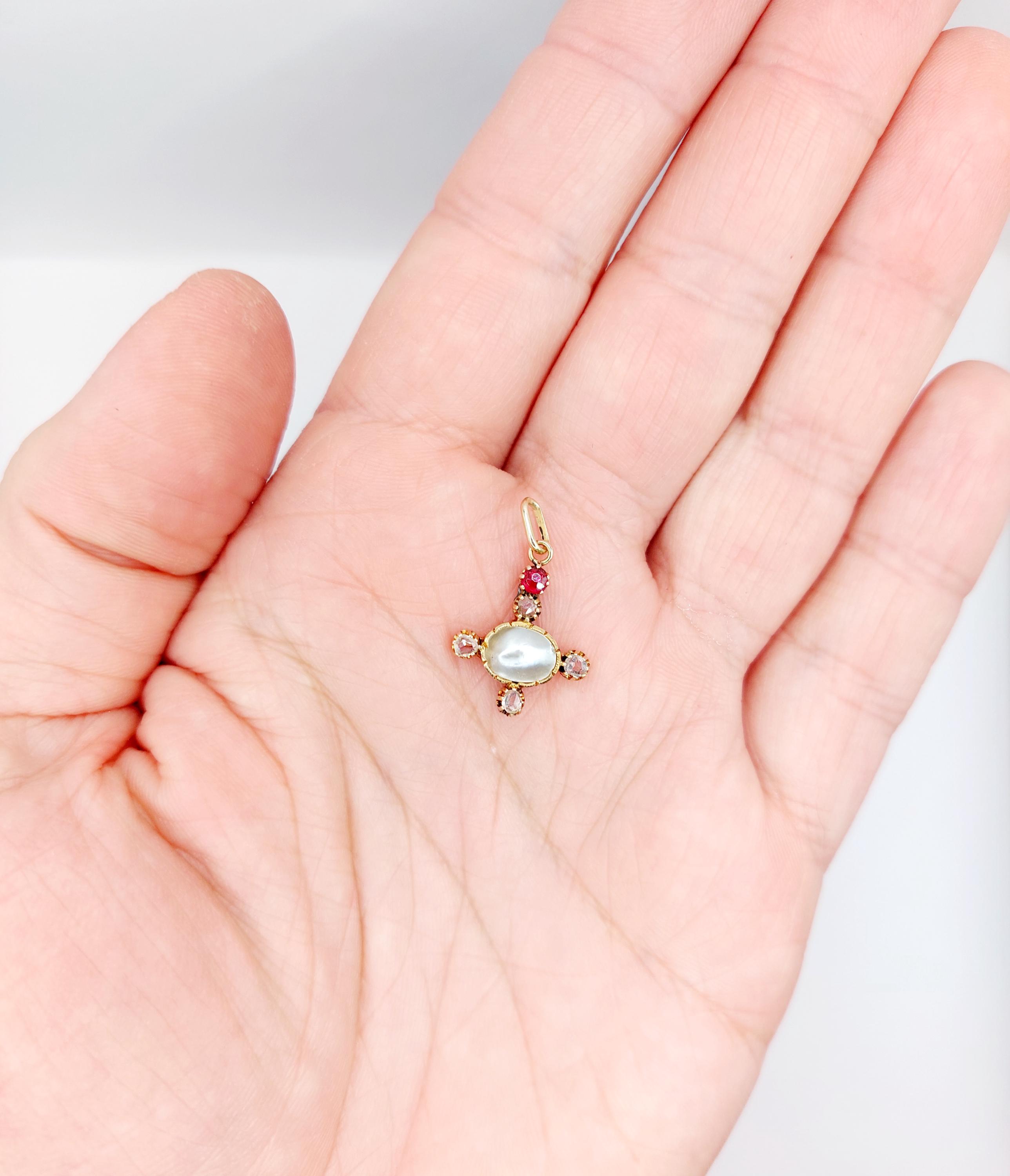 Pendentif Vintage Couronne Florale En Or 18k Avec Perles Et Diamants - Collier Mi-long Années 70