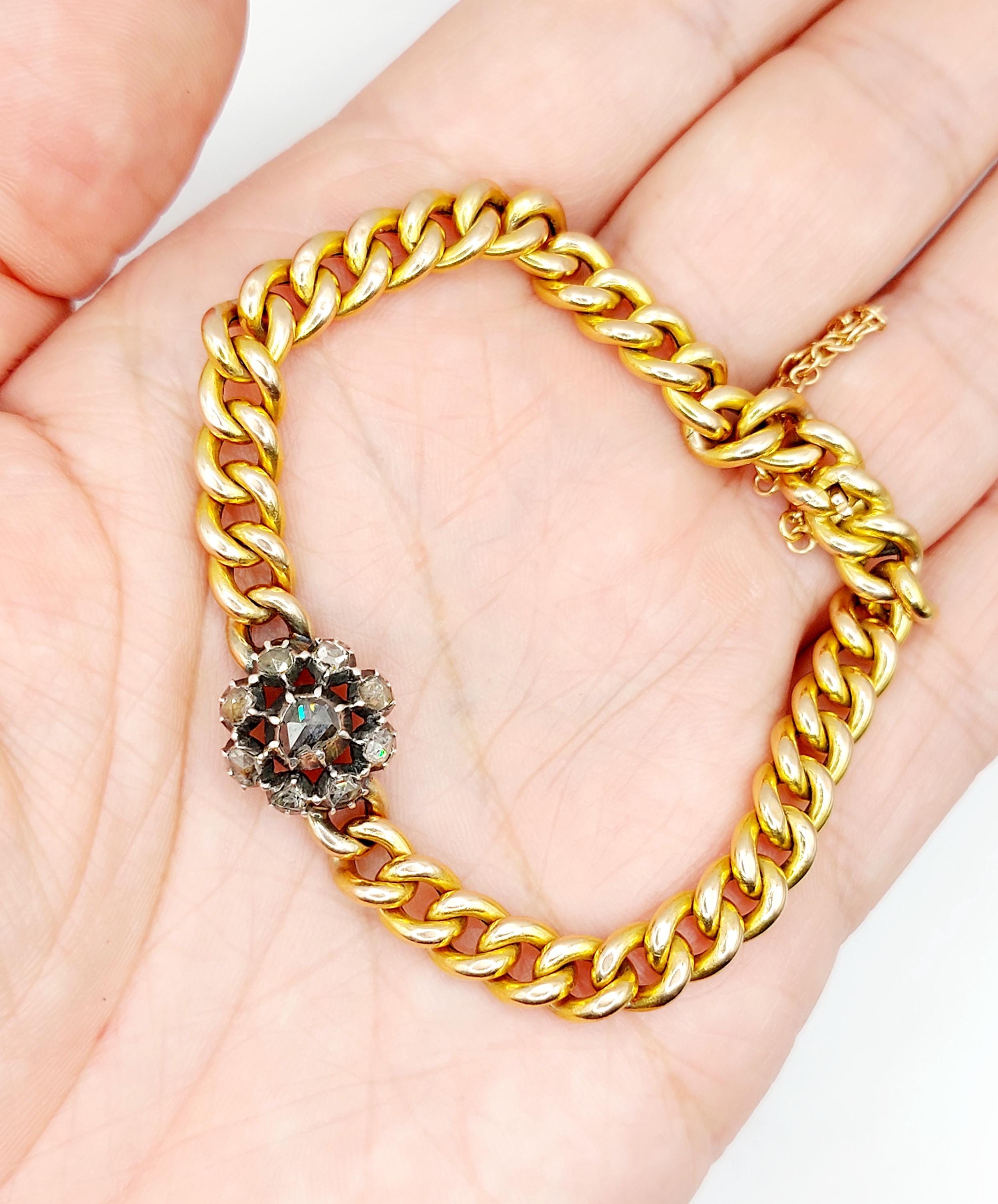Bracelet Gourmette Antique En Or 18k - Maille Classique Avec Diamants Taille Rose - Occasion