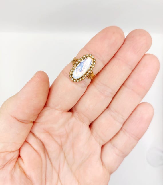 Bague marquise victorienne or 18k ornée d'une plaque émaillée