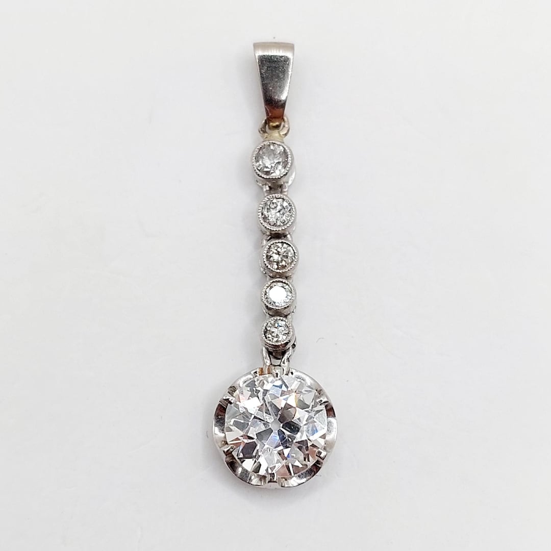 Pendentif Antique Or Blanc 18k Avec Diamant Ancien 1,30 Carat - Circa 1900, France