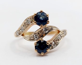 French Antique tourbillon ring 18k gold sapphires and diamonds (circa 1950)