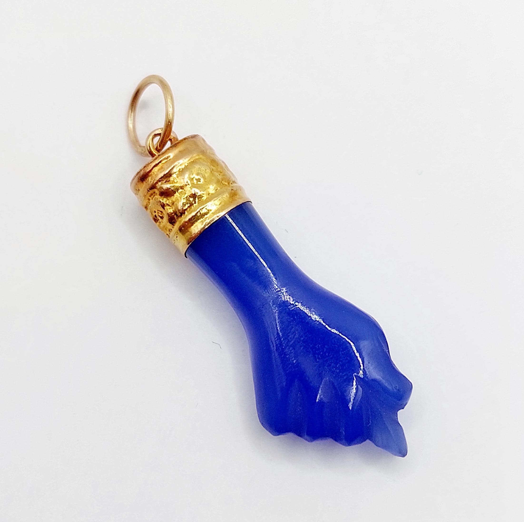 Vintage Figa hand pendant 18k gold finely crafted in blue glass , lucky charm