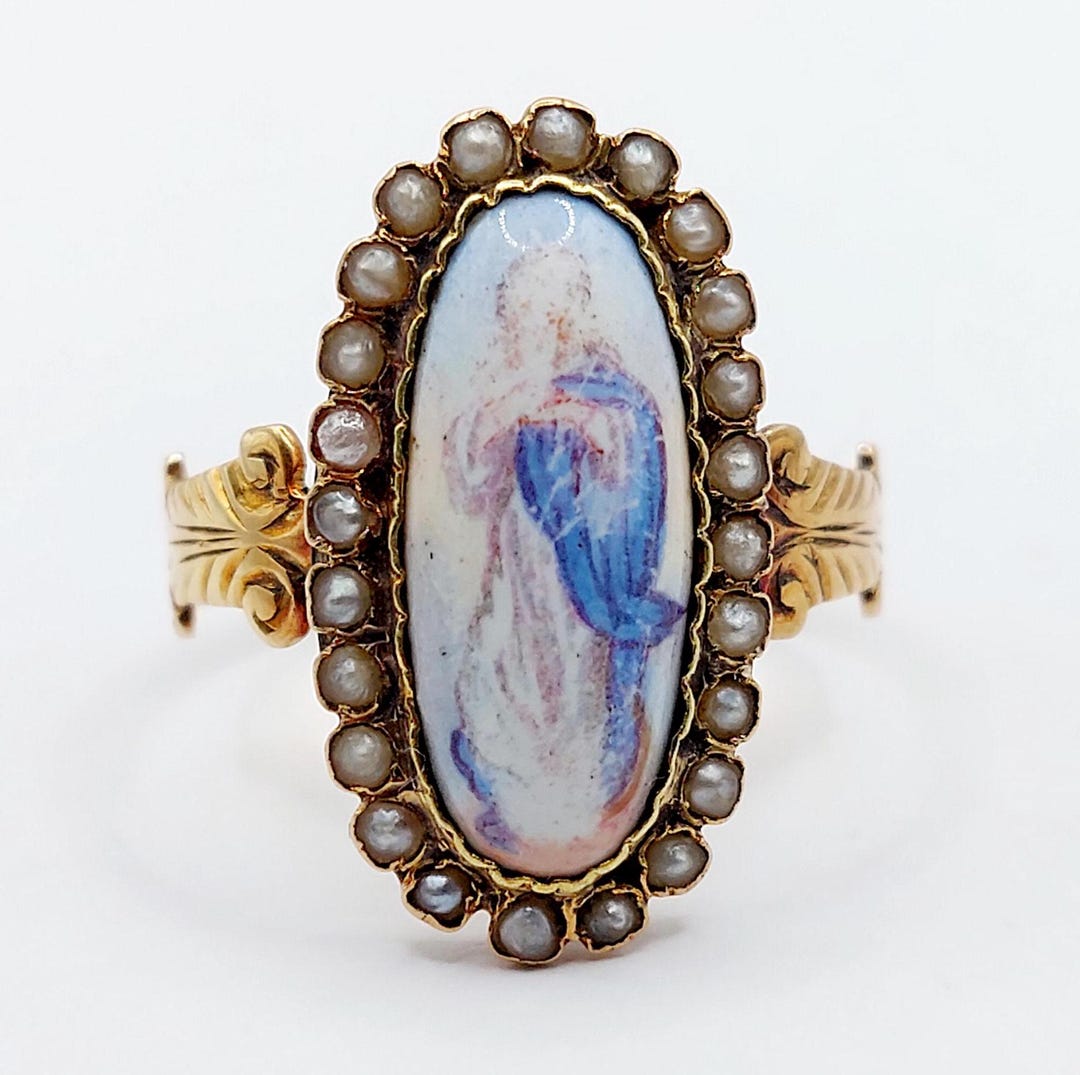 Bague Victorienne Or 18k Plaque émaillée Vierge Marie Et Perles - Taille 56 - Environ 1890