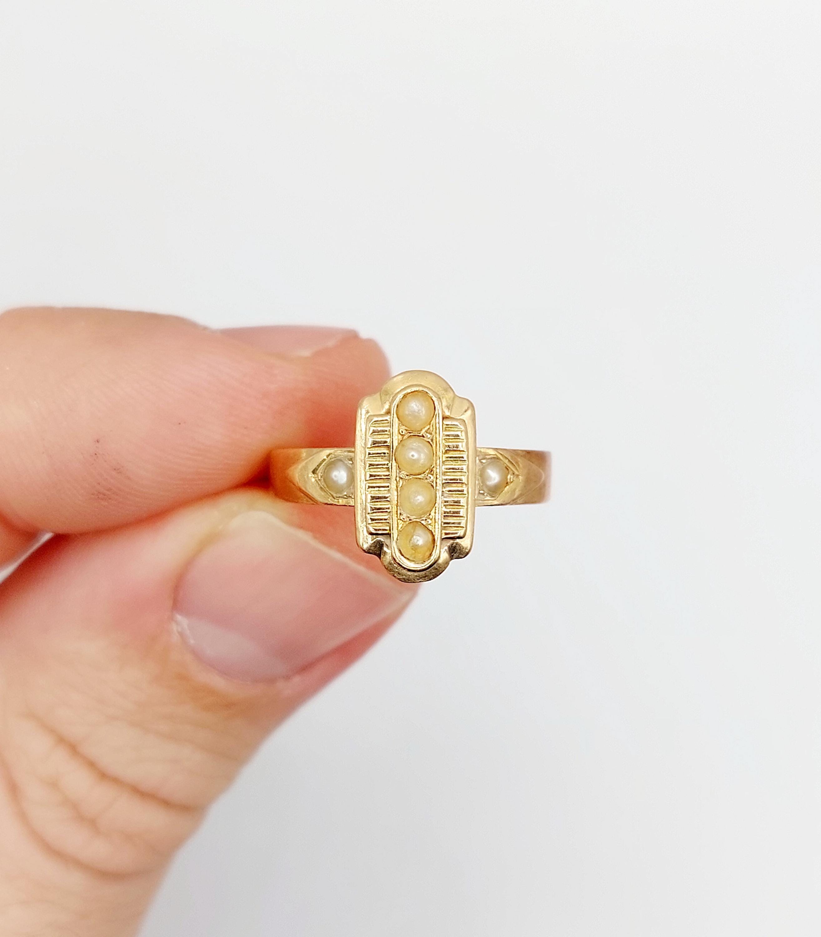 Bague Victorienne En Or Rose 18k, Ornée De Perles - Taille 61, Style Marquise (circa 1880)
