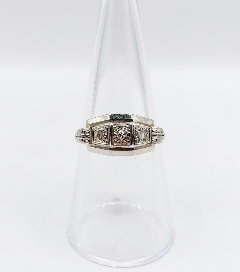 French Art deco tank ring 18k white gold set with rose cut diamonds in a geometric setting circa 1930 engagement image 6