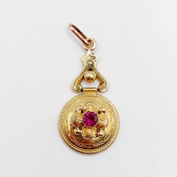French Victorian pendant 18k rose gold and garnet with floral decorations (circa 1890)