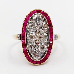 Bague marquise cible art deco or 18k et 1,30 carats de diamant taille ancienne et rubis calibrés (circa 1910) Française