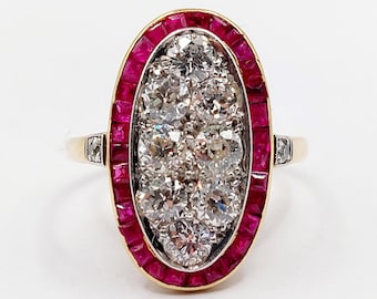 French art deco target marquise ring 18k gold 1.30 carats of old european cut diamonds and calibrated rubies (circa 1910)