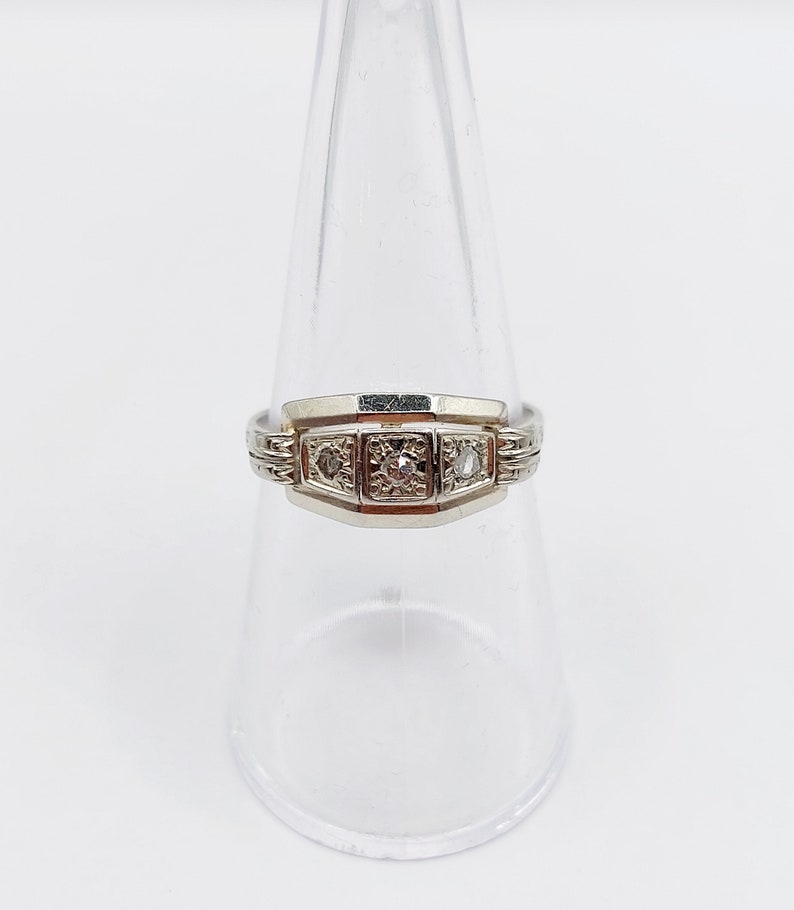 French Art deco tank ring 18k white gold set with rose cut diamonds in a geometric setting circa 1930 engagement image 7