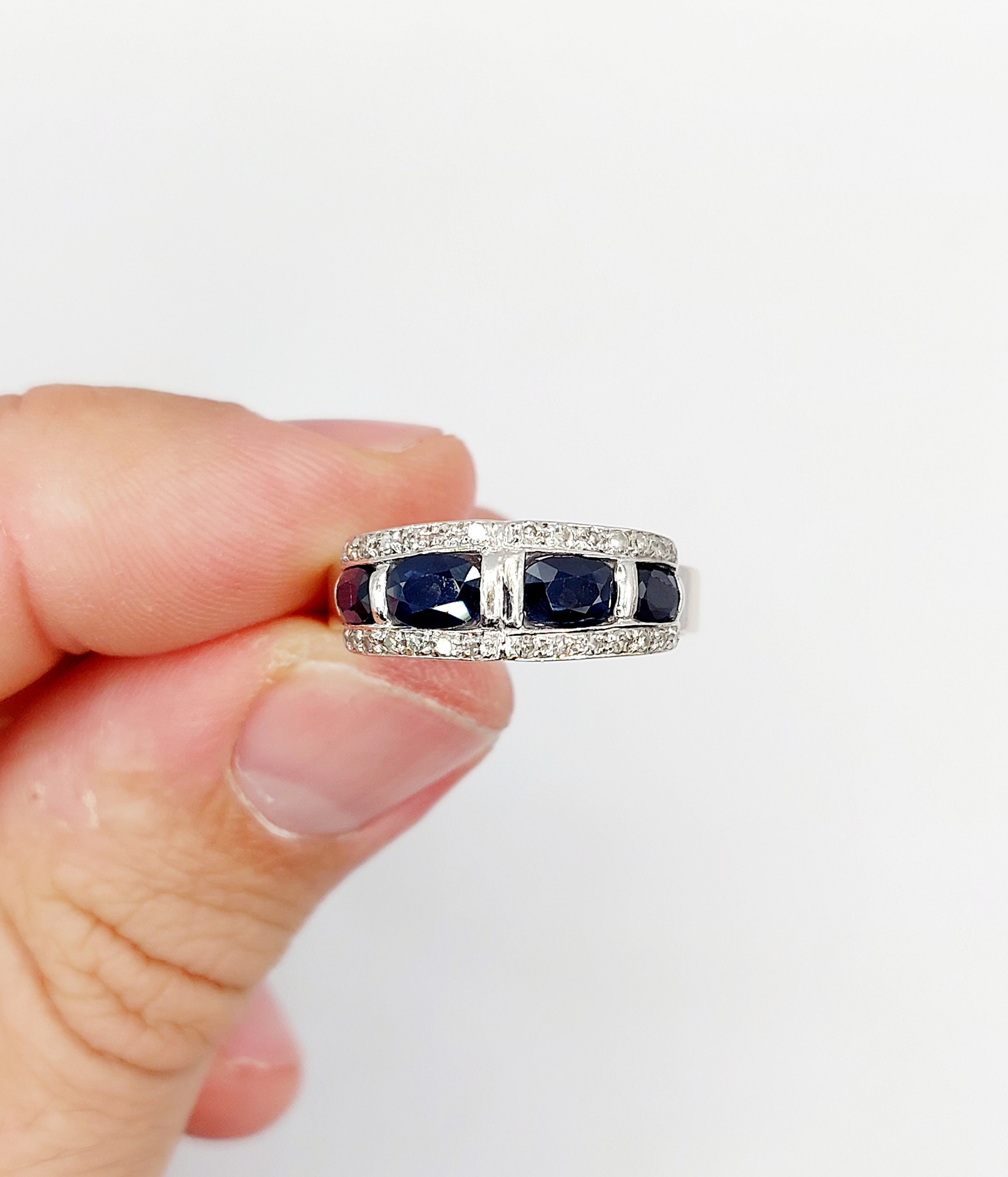 Bague Jarretière Or Blanc 18k Saphir Et Diamants - Style Art Déco Vintage - Taille 62