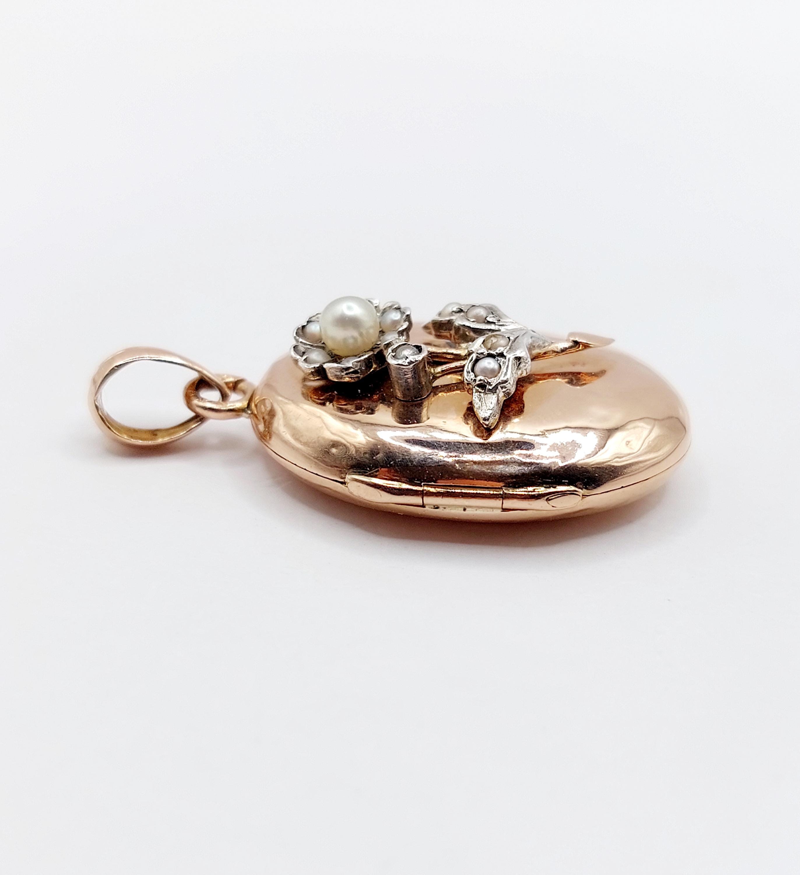 Pendentif Porte-photo Antique Or 18k - Décor Fleuri Et Perles, Circa 1900, Occasion