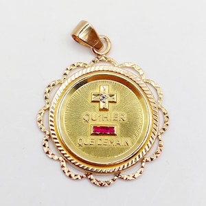 RARE French AUGIS 26mm Love medal 18k gold pendant with rubies and diamond : &quot;+ qu&#39;hier - que demain&quot; AUGIS house (circa 1970)