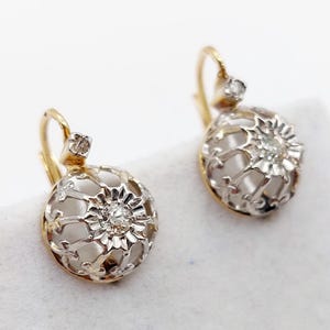 French antique sleeper earrings 18k gold set with 0.10 carats of old cut diamonds in fleur-de-lys setting (circa 1900) dormeuse lever back