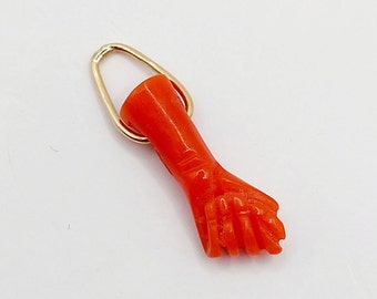 Vintage French Figa hand pendant 18k gold carved in red Mediterranean coral, lucky charm