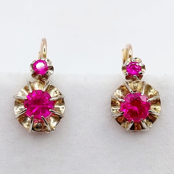 French antique sleepers 18k rose gold set with synthetic rubies in a finely crafted setting (circa 1900) lever back earrings art nouveau