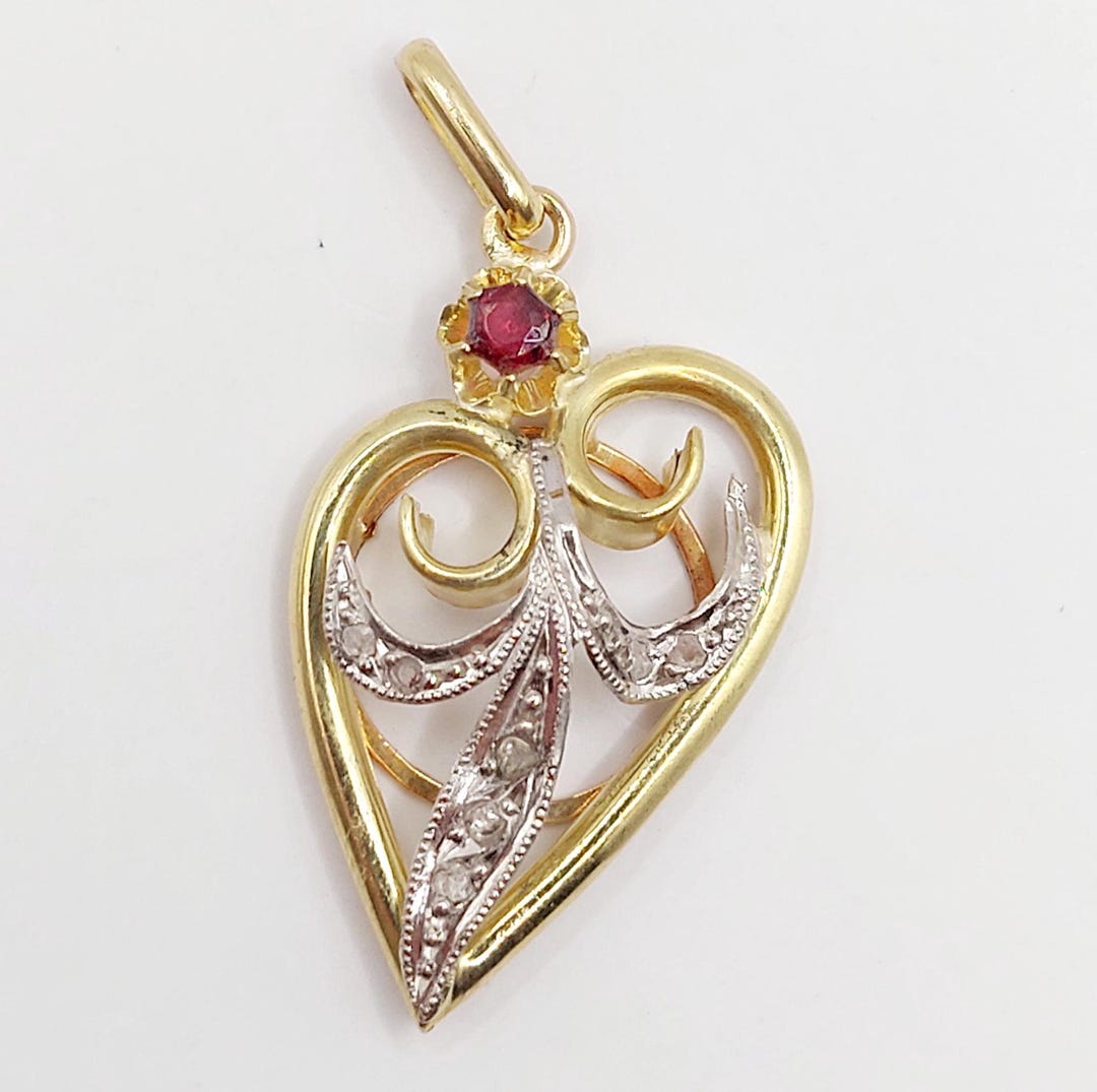 Pendentif Ancien En Or 18k Début 1900 - Cœur Et Fleur Avec Perle D'Eau Douce - Collier Mi-Long