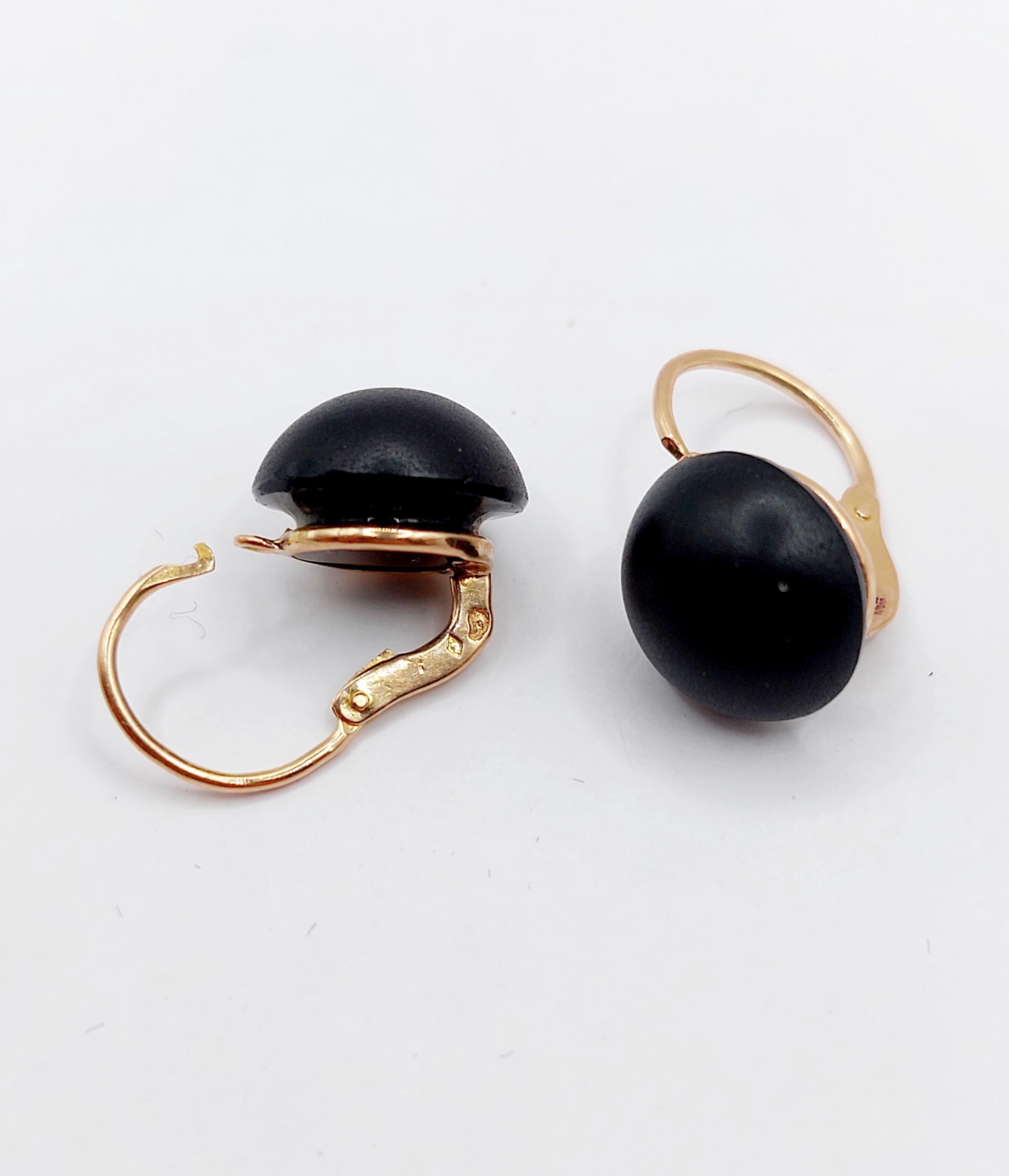 Boucles D'oreilles Dormeuses En Or Rose 18k Avec Cabochon De Jais - Style Napoléon III Circa 1900, Occasion
