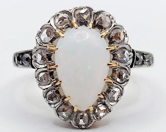 Bague Marguerite Antique En Or Rose 18k Avec Pierre Bleue Et Diamants - Taille 54, Occasion