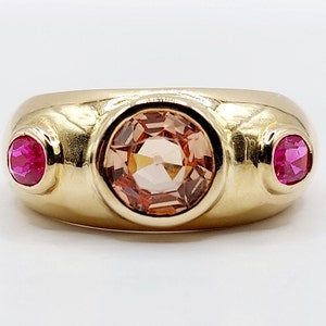 French bombé Domed ring 18k gold set with a 0.75 carats imperial topaz and oval rubies (circa 1960) art deco bangle