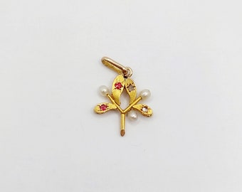 Pendentif Antique Or 18k Fleur - Serti Rubis, Perle, Diamant - Circa 1900 - Occasion