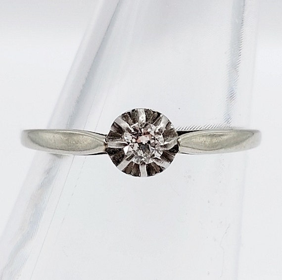 Bague Solitaire Art Déco - Or Blanc 18k & Diamant Ancien 0,10 Carats - Taille 52 - Années 1930