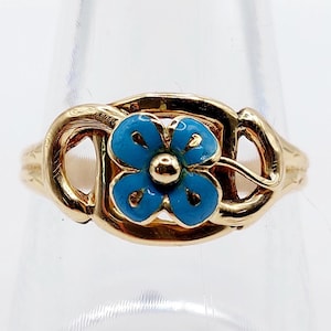 French victorian ring 18k gold four-leaf clover decorated with blue enamel (circa 1890) flower signet ring