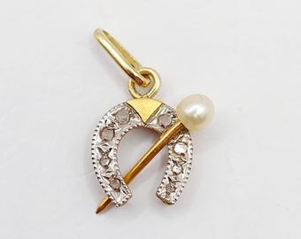 May include: A gold and silver horseshoe pendant featuring a series of small, embedded clear stones along the horseshoe arch. A thin gold pin extends diagonally across the center, topped with a single, round, off-white pearl at one end.