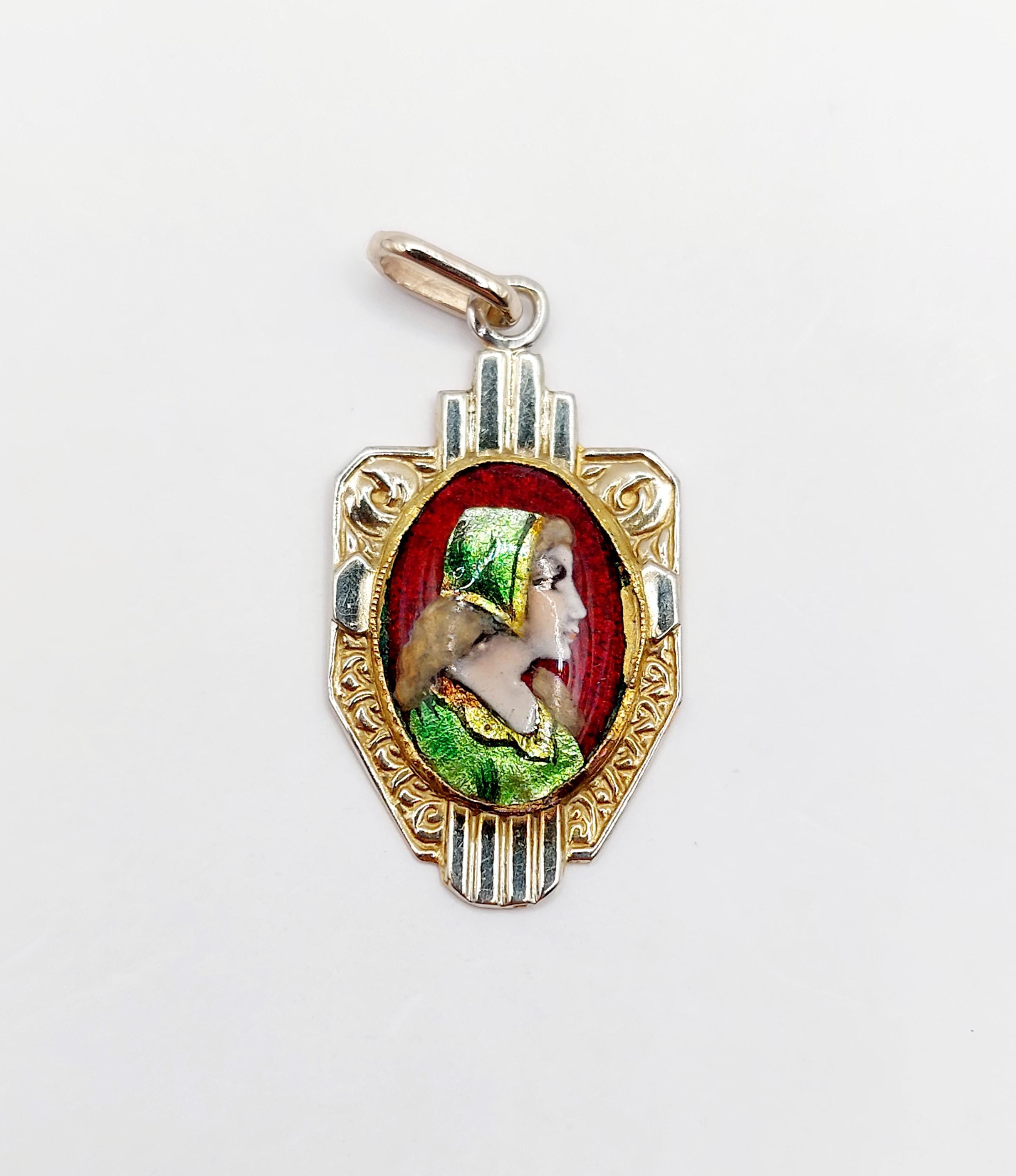 Pendentif Art Nouveau Limoges Or 18k émaillé Jeune Fille (circa 1900) - Collier Mi-long - Occasion Vintage