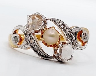 Bague Fine Antique Or Blanc 18k Avec Perle En Serti Griffes - Taille 44 - Circa 1920