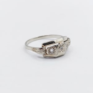 French Art deco tank ring 18k white gold set with rose cut diamonds in a geometric setting circa 1930 engagement image 3