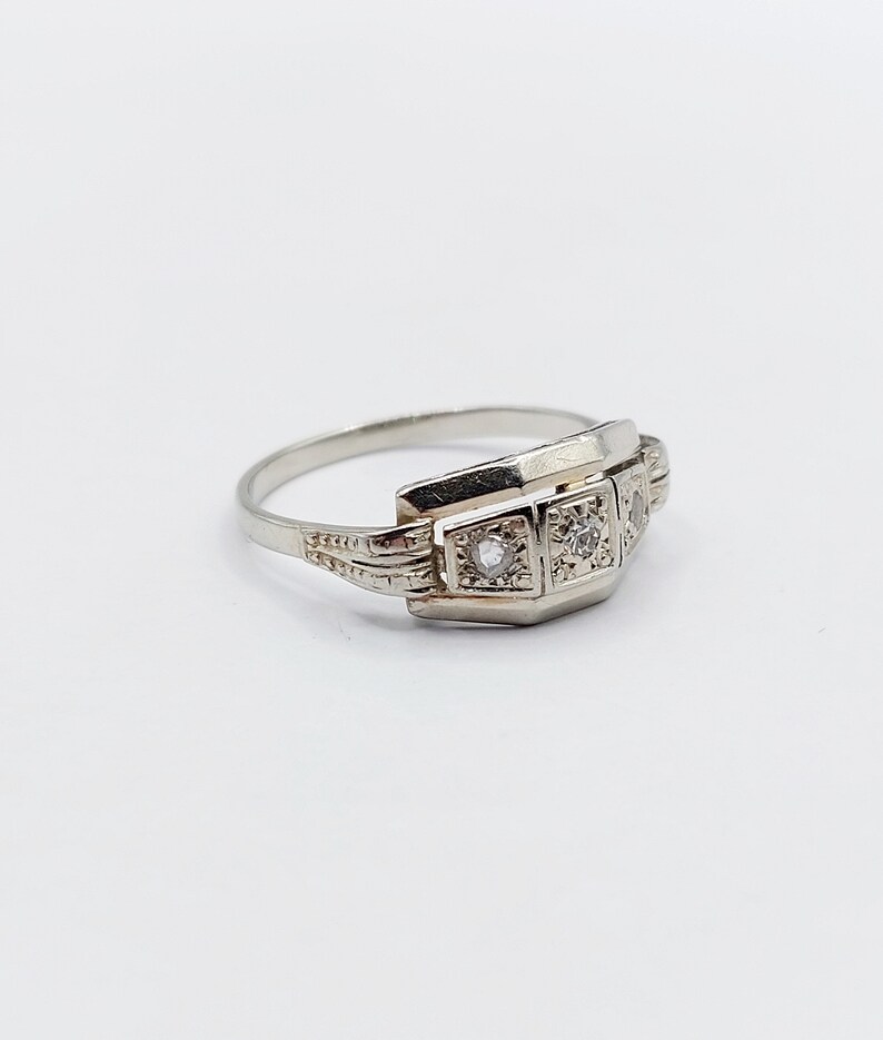 French Art deco tank ring 18k white gold set with rose cut diamonds in a geometric setting circa 1930 engagement image 3