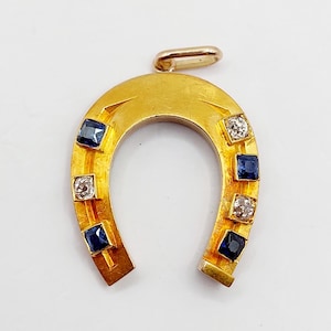 French antique horseshoe pendant 18k gold set with old mine cut diamonds and sapphires (circa 1900) victorian charm