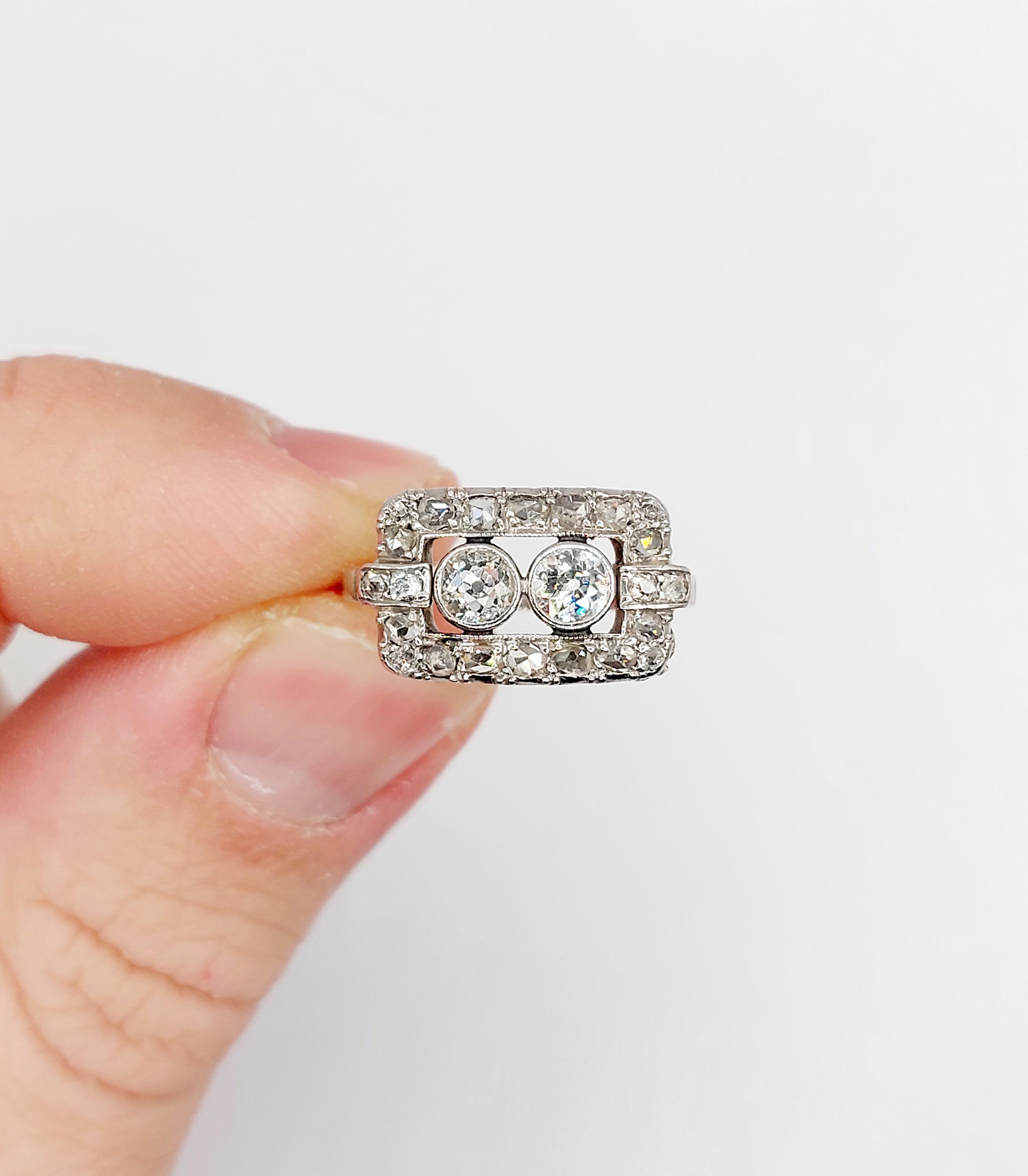 Bague Tank Art Déco En Or Blanc 18k Avec Diamants - Taille 52 - Circa 1940 - Occasion Vintage Française