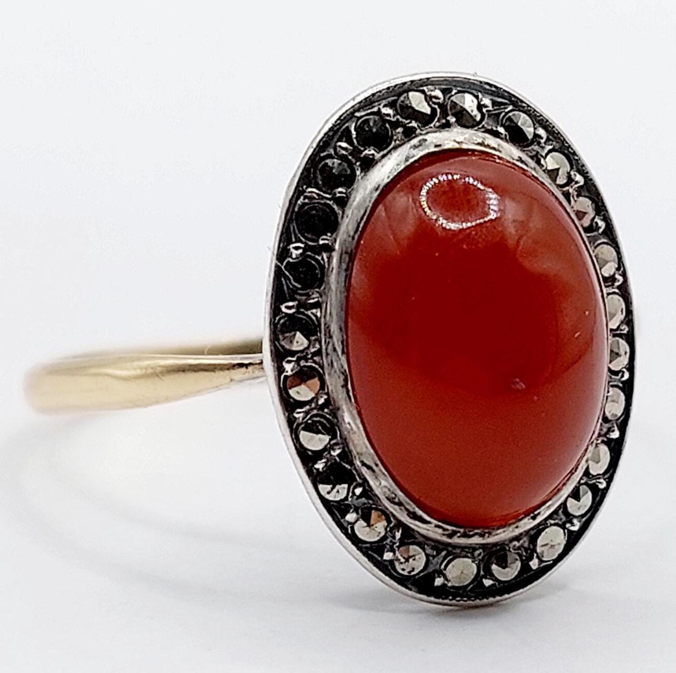 Bague Antique Cocktail Or 18k Et Argent Avec Cabochon Agate Et Marcassite - Taille 58 - Circa 1900