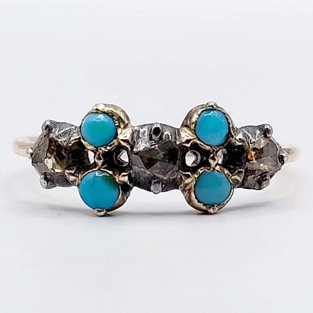 Bague Ancienne Du 18ème Siècle - Or Rose 18k Avec Diamants Et Turquoises - Taille 52 - Modèle Circa 1800