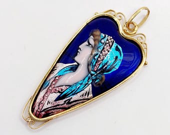 Pendentif Art Nouveau Limoges Or 18k émaillé Jeune Fille Vers 1900 - Bijou Ancien Et Rare