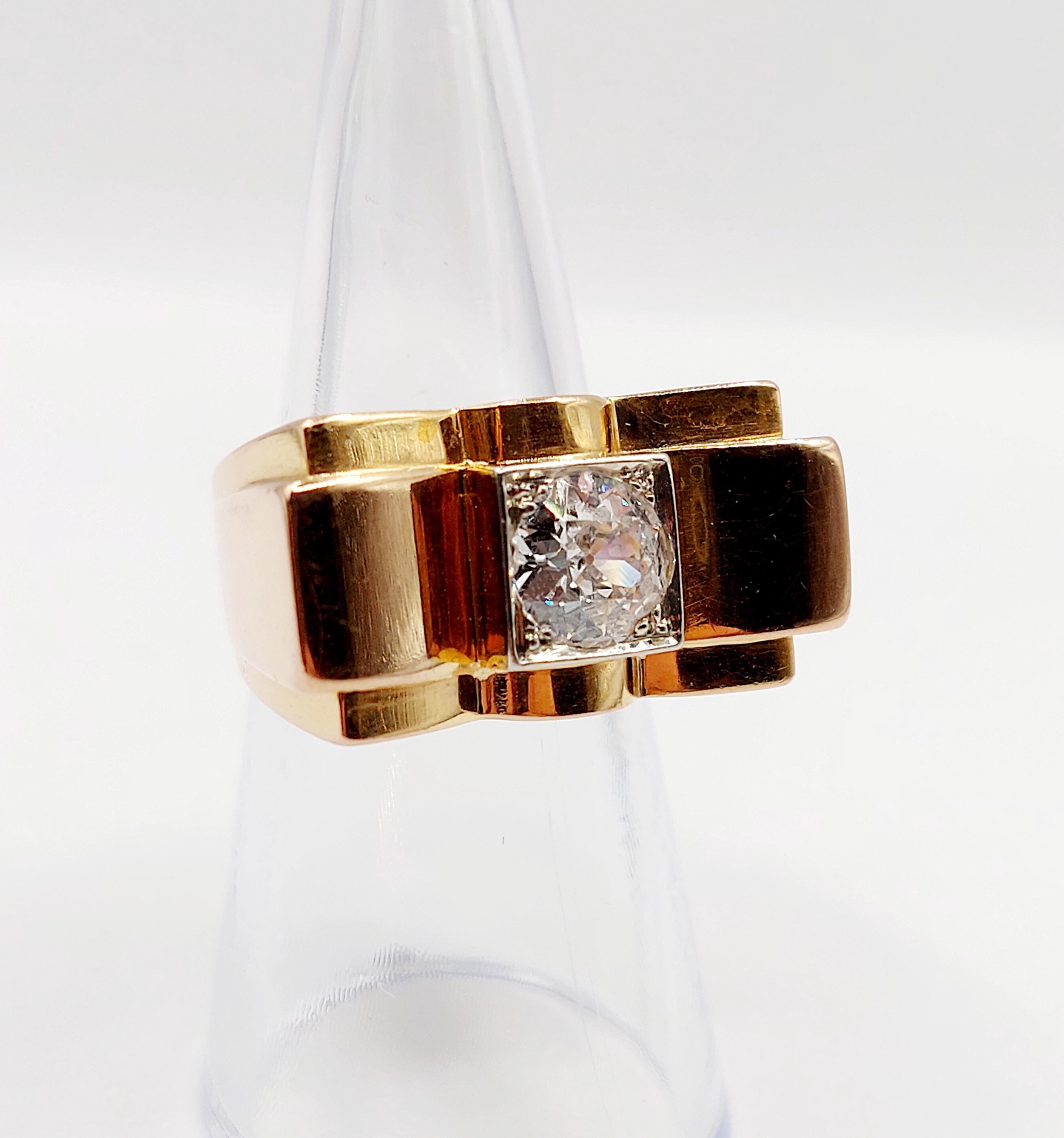 Bague Tank Art Déco En Or Rose 18k Avec Diamant Ancien 1,25 Carats - Taille 52 - Occasion
