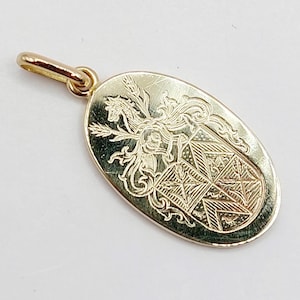 May include: Gold oval pendant with an engraved coat of arms featuring a horse and a shield with a geometric pattern.
