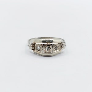French Art deco tank ring 18k white gold set with rose cut diamonds in a geometric setting circa 1930 engagement image 2
