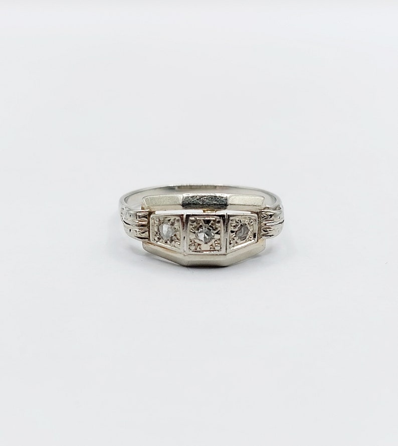 French Art deco tank ring 18k white gold set with rose cut diamonds in a geometric setting circa 1930 engagement image 2